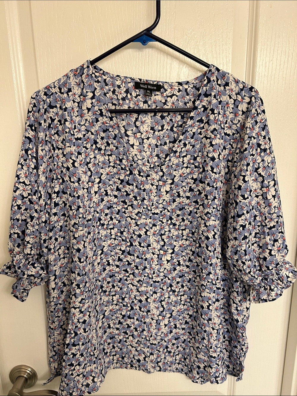 Well Worn Blue Floral V-Neck Blouse with Pink Accents